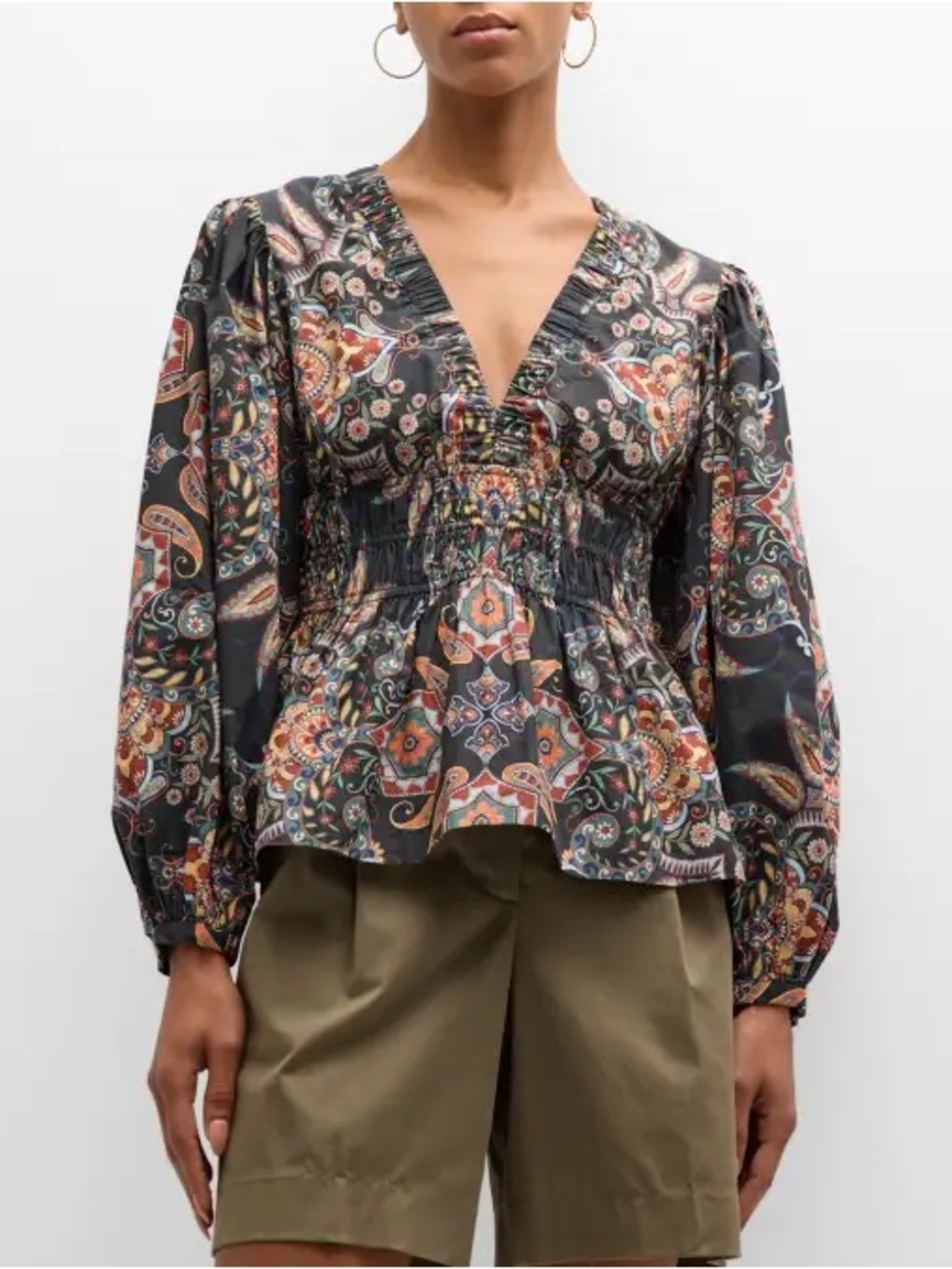 NWT Cara Cara Emmery Black Paisley Smocked V-Neck Blouse Sz M $295
